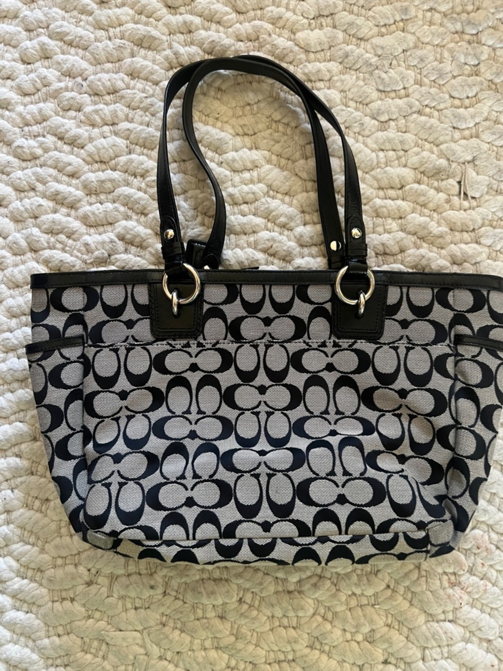 Coach Black and Tan Signature Tote with Leather Trim - Picture 4 of 6